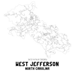 West Jefferson North Carolina. US street map with black and white lines.