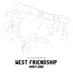 West Friendship Maryland. US street map with black and white lines.