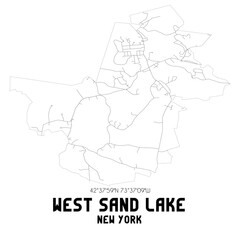 West Sand Lake New York. US street map with black and white lines.