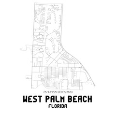 West Palm Beach Florida. US street map with black and white lines.