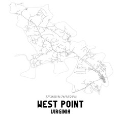 West Point Virginia. US street map with black and white lines.