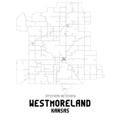 Westmoreland Kansas. US street map with black and white lines.