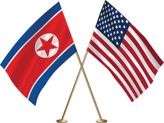 North Korea,US flag together.American,North Korean waving flag together