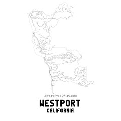 Westport California. US street map with black and white lines.