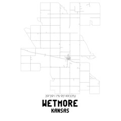 Wetmore Kansas. US street map with black and white lines.