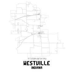 Westville Indiana. US street map with black and white lines.