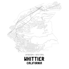Whittier California. US street map with black and white lines.