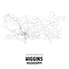 Wiggins Mississippi. US street map with black and white lines.