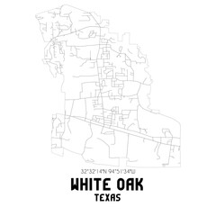 White Oak Texas. US street map with black and white lines.