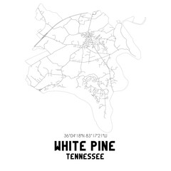 White Pine Tennessee. US street map with black and white lines.