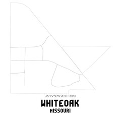 Whiteoak Missouri. US street map with black and white lines.