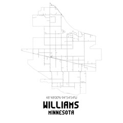 Williams Minnesota. US street map with black and white lines.