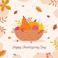 Thanksgiving day. Banner, greeting card of the Autumn harvest festival with a basket of pumpkins, apples, berries and leaves. Cute flat vector illustration.