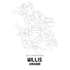 Willis Virginia. US street map with black and white lines.
