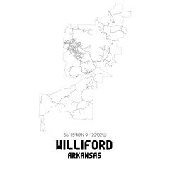 Williford Arkansas. US street map with black and white lines.