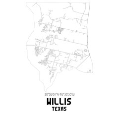 Willis Texas. US street map with black and white lines.