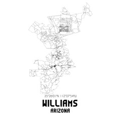 Williams Arizona. US street map with black and white lines.