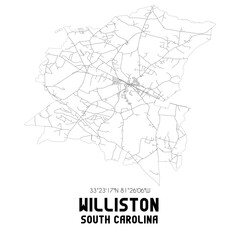 Williston South Carolina. US street map with black and white lines.