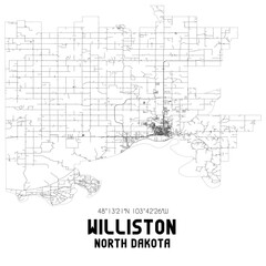 Williston North Dakota. US street map with black and white lines.