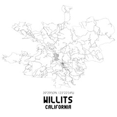 Willits California. US street map with black and white lines.