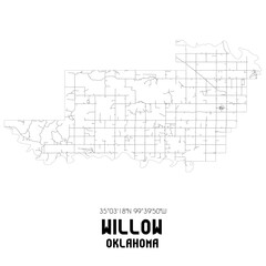 Willow Oklahoma. US street map with black and white lines.
