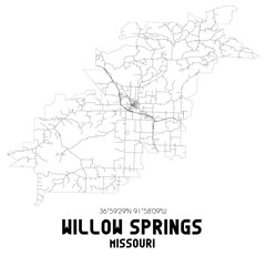 Willow Springs Missouri. US street map with black and white lines.