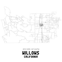 Willows California. US street map with black and white lines.