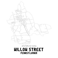 Willow Street Pennsylvania. US street map with black and white lines.