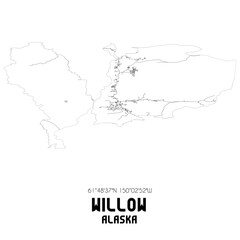 Willow Alaska. US street map with black and white lines.