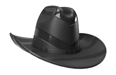 Isolated Black Cowboy Hat in Metallic Polished Leather Material on White Background, Modern and Fashionable Head Wear, Cap in 3D Illustration.