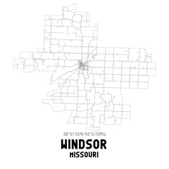 Windsor Missouri. US street map with black and white lines.