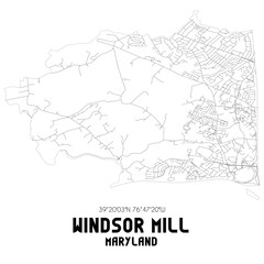 Windsor Mill Maryland. US street map with black and white lines.
