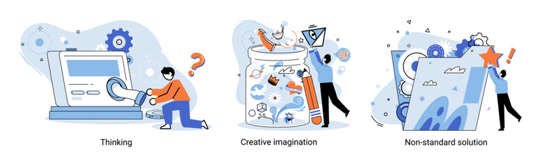 Creative thinking. People with different mental mindset types or model creative. Imaginative logical and structural thinking. MBTI person metaphor. Non standart solution. Brain think people solve idea