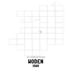 Woden Iowa. US street map with black and white lines.