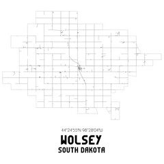 Wolsey South Dakota. US street map with black and white lines.