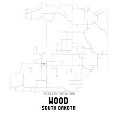 Wood South Dakota. US street map with black and white lines.