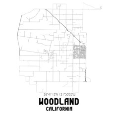 Woodland California. US street map with black and white lines.