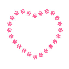 Heart shaped frame with cat or dog paw footprints. Cute template for greeting or invitation card, pet photo or picture, web banner isolated on white background. Vector flat illustration © vikusha_art