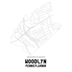 Woodlyn Pennsylvania. US street map with black and white lines.