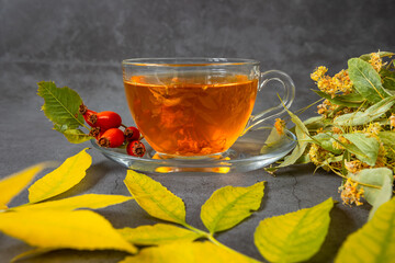 Linden herbs tea in glass cup on gray background.