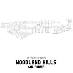 Woodland Hills California. US street map with black and white lines.