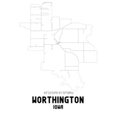 Worthington Iowa. US street map with black and white lines.
