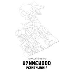 Wynnewood Pennsylvania. US street map with black and white lines.