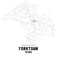 Yorktown Texas. US street map with black and white lines.