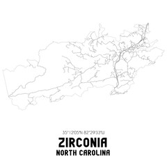 Zirconia North Carolina. US street map with black and white lines.