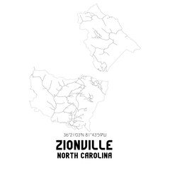 Zionville North Carolina. US street map with black and white lines.