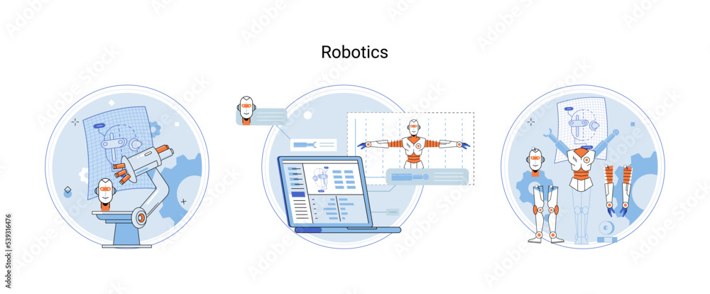 Aufkleber Robotics scientific and technical, metaphor production and application of robots. Programmable mechanical device building robot in lab. Robotic arm industrial smart manufacture. Cyber-physical systems