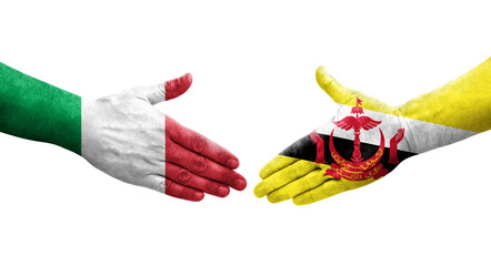 Handshake between Italy and Brunei flags painted on hands, isolated transparent image.