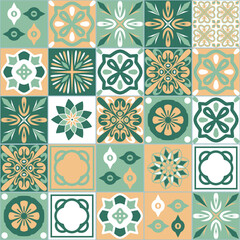 Vintage spanish style square ceramic tile design, green white beige neutral color
