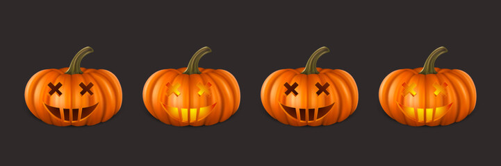 Vector Halloween Pumpkin Set. Cute Jack-o-lanterns, Carved Pumpkin Face for Invitations, Cards, Packaging, Wrapping, Banners Design. 3d Realistic Pumpkins